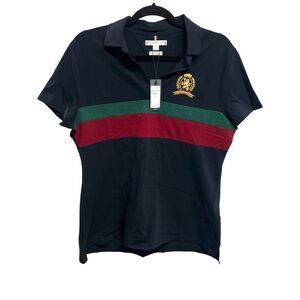 Tommy Hilfiger Navy Polo Embroidered Crest Green and Burgundy Stripes Cotton Lg
